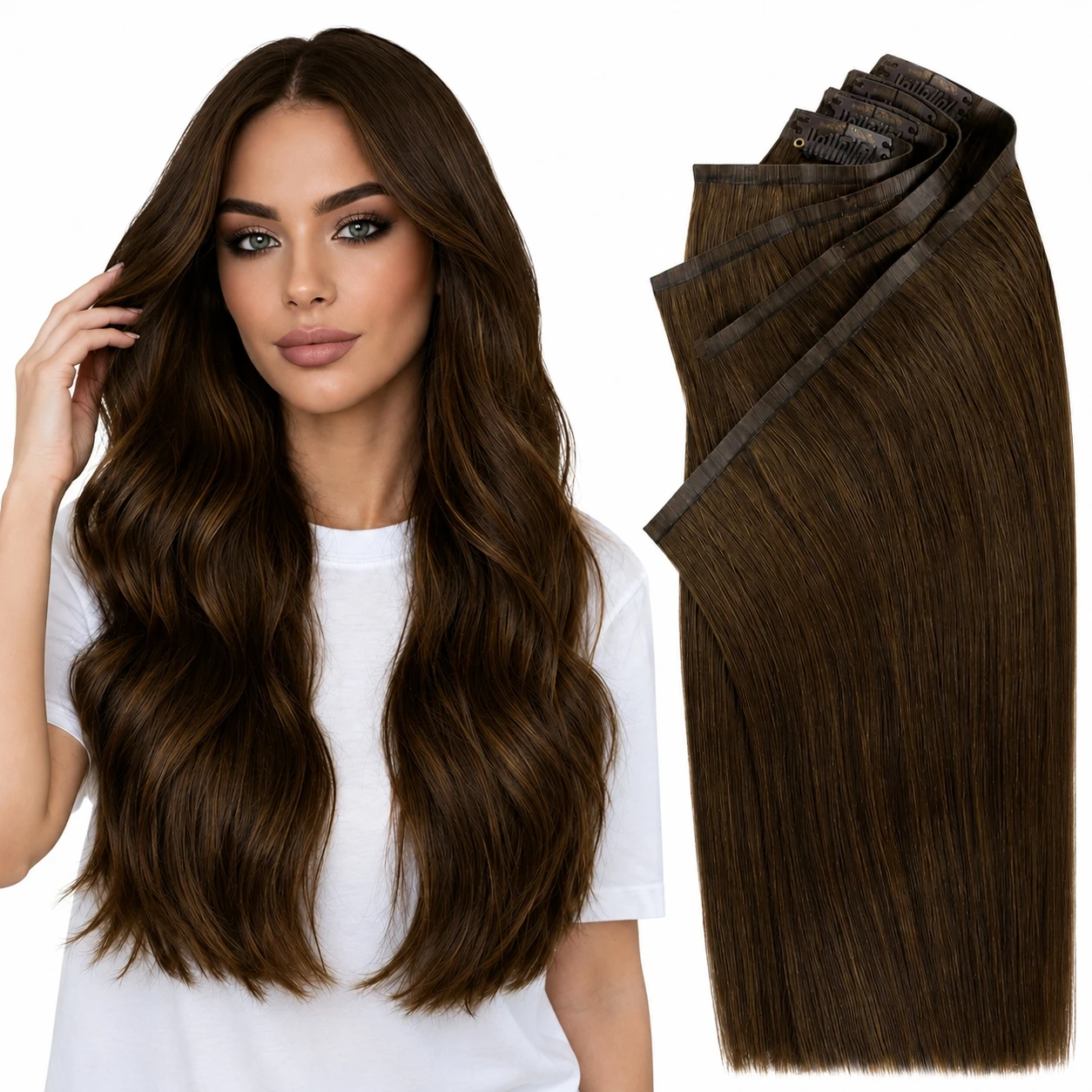 Full Shine Seamless Invisible Clip in Extensions Human Hair 8 Pcs Remy Straight Hair for Women