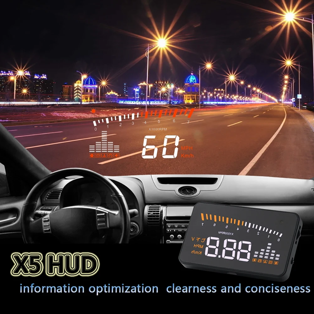 X5 OBD2 HUD Car Head Up Display Digital Speedometer RPM Tachometer Water Temperature Windshield Projector Automobile Accessories