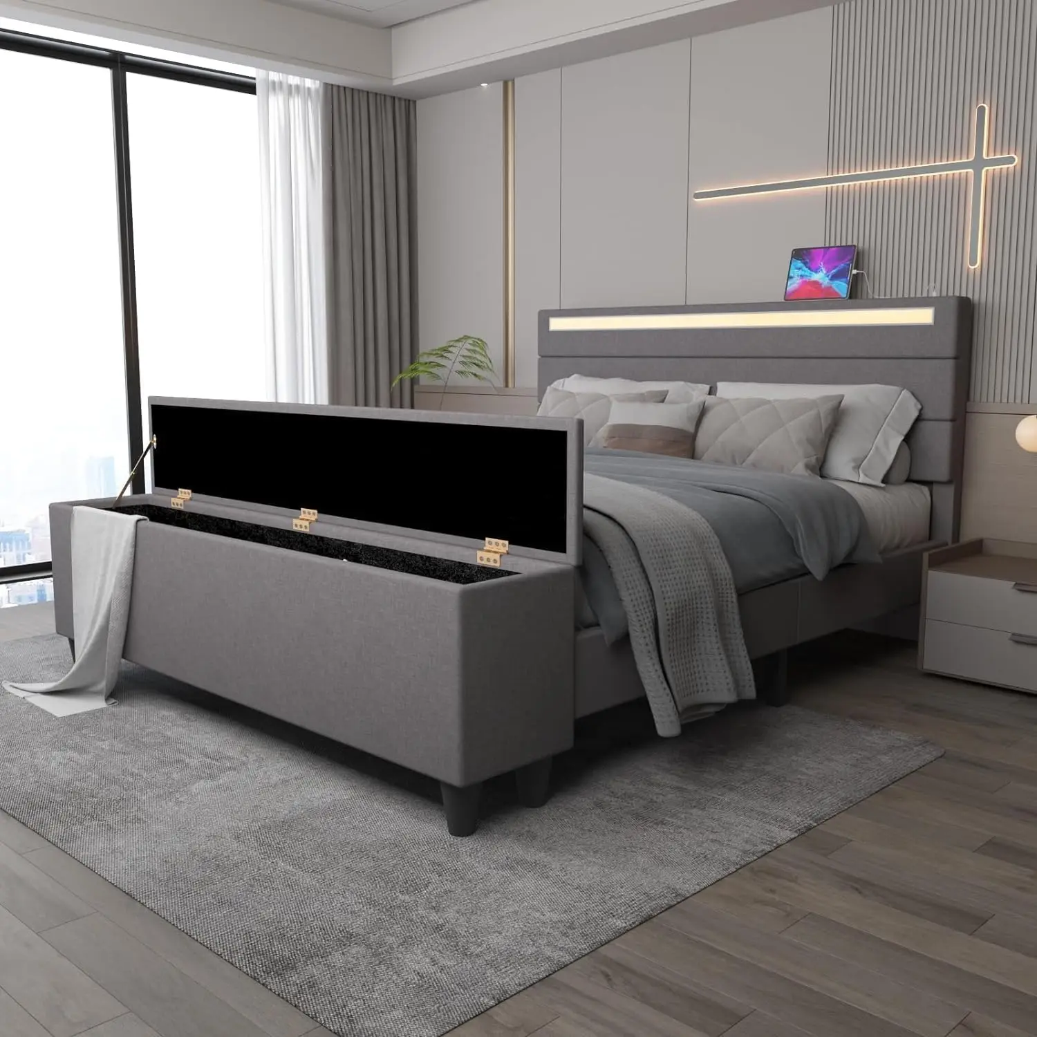 NEW Queen Size Bed Frame with Ottoman, Upholstered Headboard with LED Lights and USB Ports, Noise-Free Bed Frame,Grey