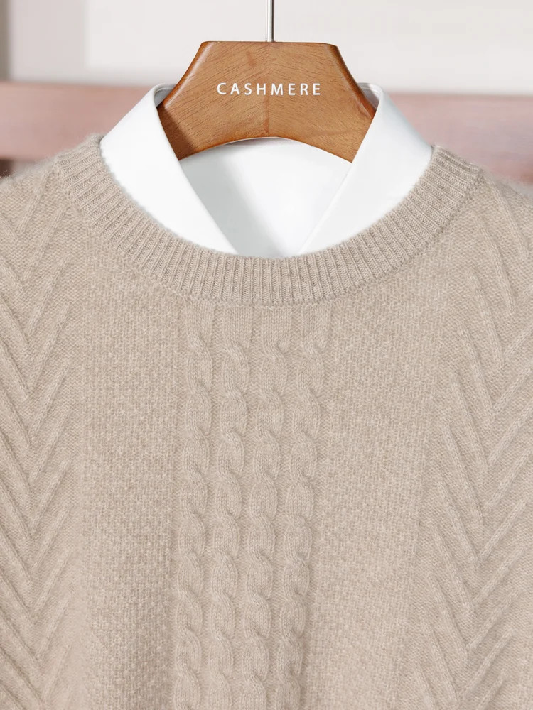 High Quality Men 100% Cashmere Sweater Autumn Winter O-neck Long Sleeve Pullover Cable Knit Smart Casual Thick Clothing Tops