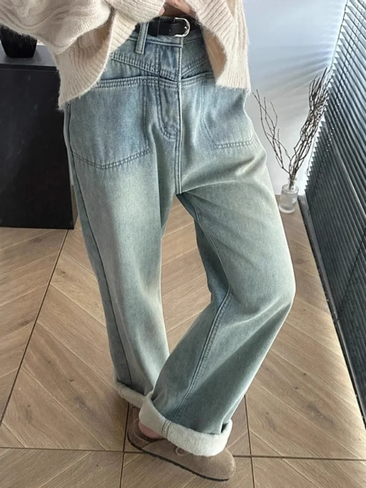 

Retro Blue Fleece Lined Straight Leg Jeans Women's High Waist plus Size Loose Wide Leg Pants for Pear Shaped Body Slimming