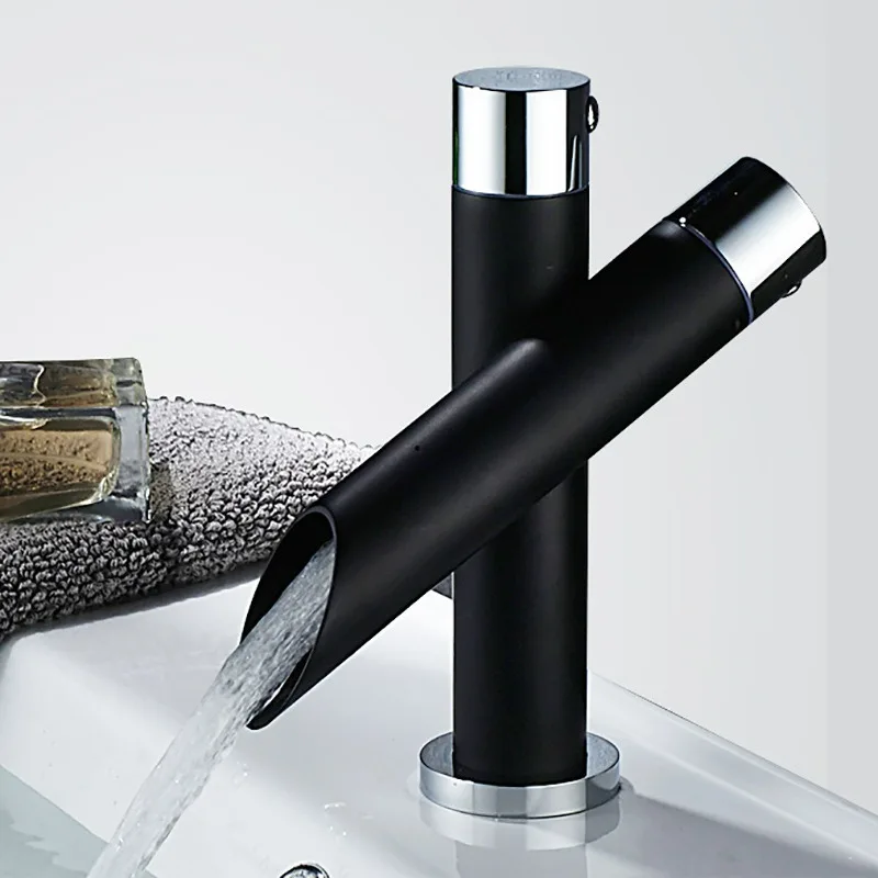Creative Matte Black Water Tap Brass Deck Mounted Stainless Steel Basin Sink Mixer Tap Hot & Cold Mixer Faucet Stream Water Taps