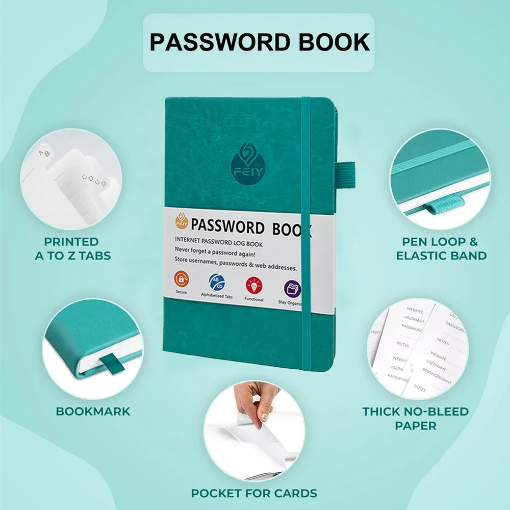 كتاب كلمة المرور مع علامات تبويب أبجدية، منظم عنوان الإنترنت، حافظة كلمة المرور لسجلات الموقع، حافظة الكتب