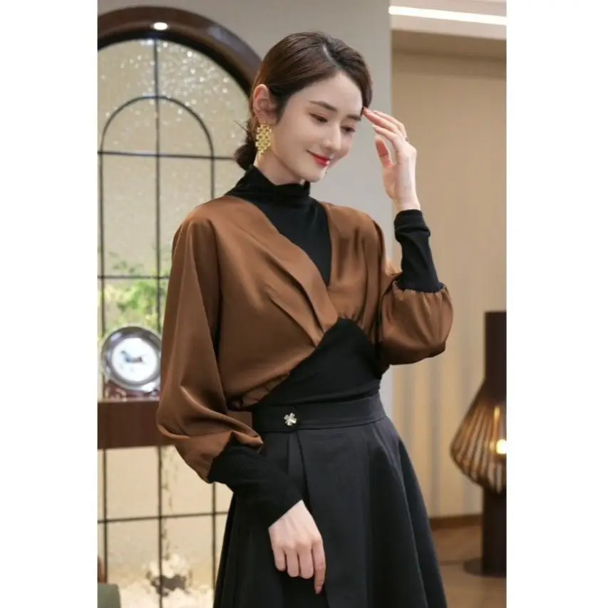 2024 Autumn and Winter Western Style Half Turtle Collar Fashion Versatile Slim Long Sleeve Fake Two-piece Bottoming Shirt