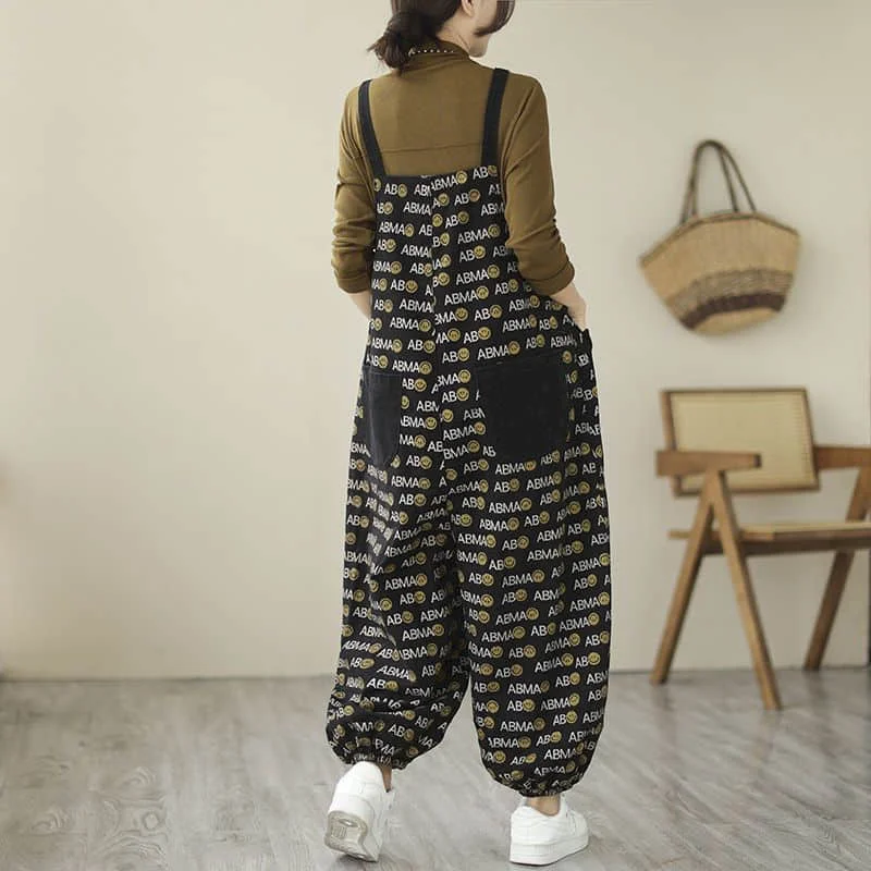 Denim Jumpsuits Women Vintage Printed Workwear One Piece Outfit Women Clothing Safari Style Loose Lantern Jeans Casual Rompers