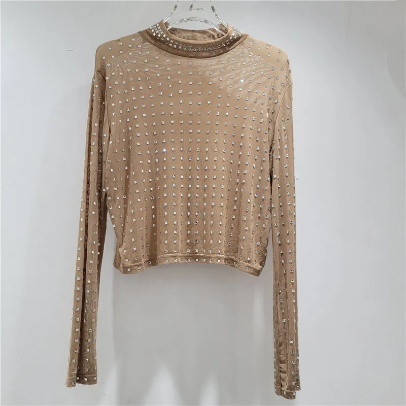 HKSH Tシャツ女性のための秋の新長袖スタンドカラーメッシュスタッズダイヤモンド Tシャツシックなストリートエレガントカジュアルトップス HK10866