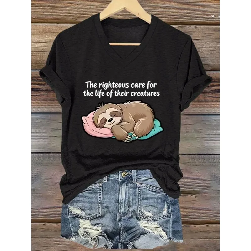 ilstile Women's Protect Animals Anima Sloth Print T-Shirts Summer Short Sleeve Casual Tops Black Blue Tees New Arrival