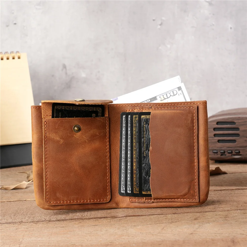 1141 Men's Crazy Horse Genuine Leather Wallet Retro Vertical Zipper Money Clip Layer Cowhide Minimally Used Wallet