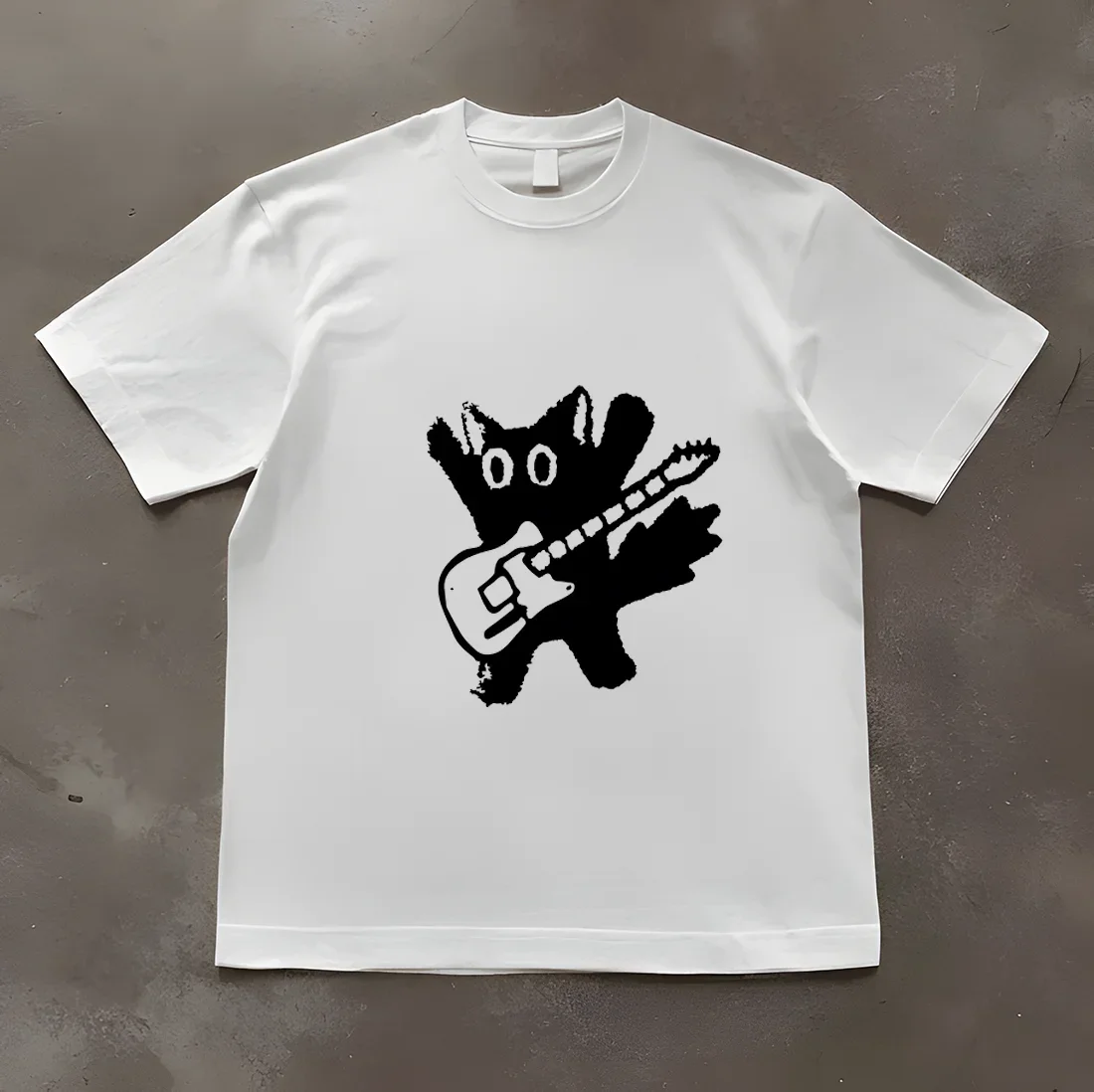 New Korean Japanese Fashion Street Large Guitar Cat Pattern Printed T-shirt  and Wo Short Sleeves Y2K Top T-shirt