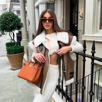 UNIZERA 2023 가을/겨울 신제품 여성의 새로운 패션 캐주얼 폴로 넥 지퍼 트라이 컬러 플리스 패널 탱크 탑