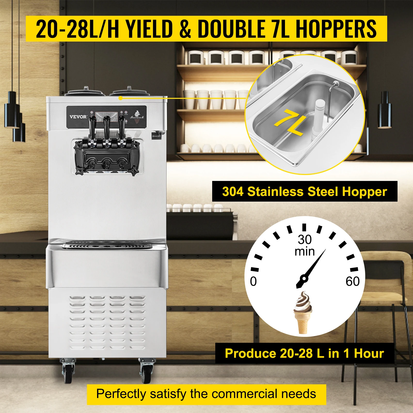 VEVOR 20-28L/H Commercial Soft Serve Ice Cream Machine 2450W Frozen Yogurt Maker Tricolor Flavor Sweet Cones Vending Machine