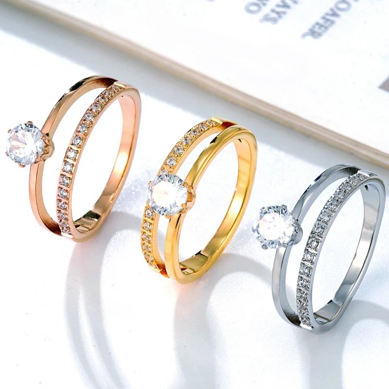 Conjunto de doble punta de diseño clásico, anillo de cristal y circón, joyería de acero inoxidable de alta calidad, regalos románticos para parejas de boda