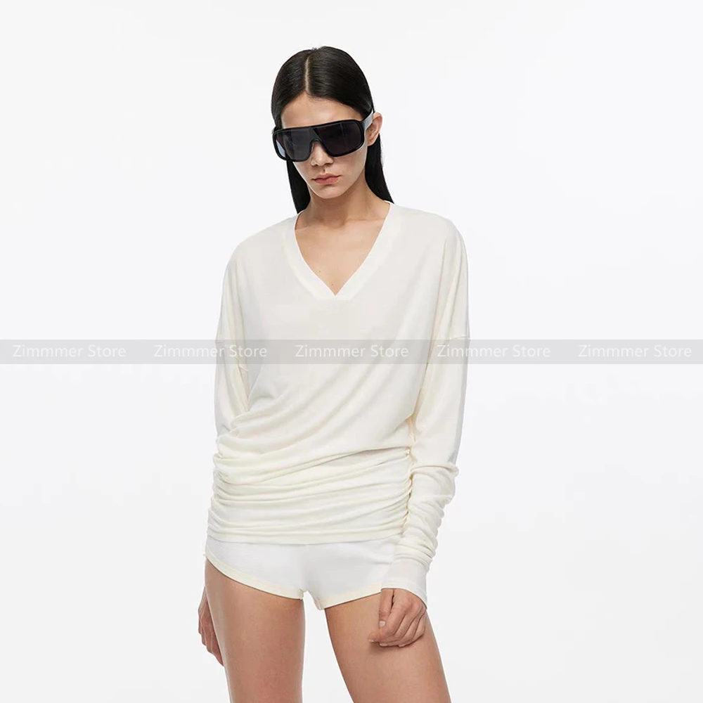 

2024 Early Autumn New All-match V-neck Scimitar Stacked Loose Lazy Style Knitted Long-sleeved T-shirt Top