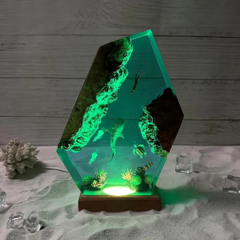 المحيط العضوية الراتنج مصباح الإبداعية الفن ليلة ضوء الحرفية تحت سطح البحر الحوت غواص المناظر الطبيعية الديكور الجدول مصباح USB شحن