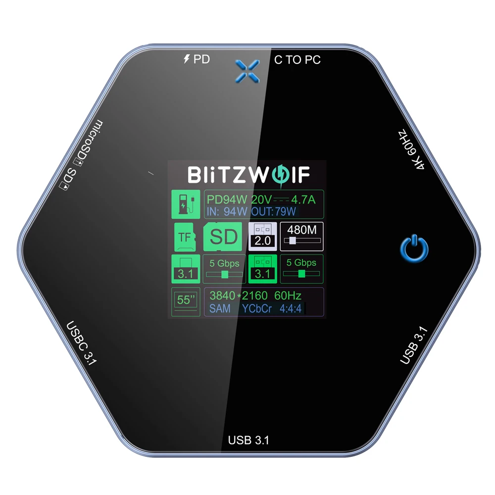 Imagem -02 - Blitzwolf-smart Display Docking Station Bw-th16 em Hub Usb Lcd Tipo-c 3.1 hd 4k @ 60hz sd Slots de Cartão tf