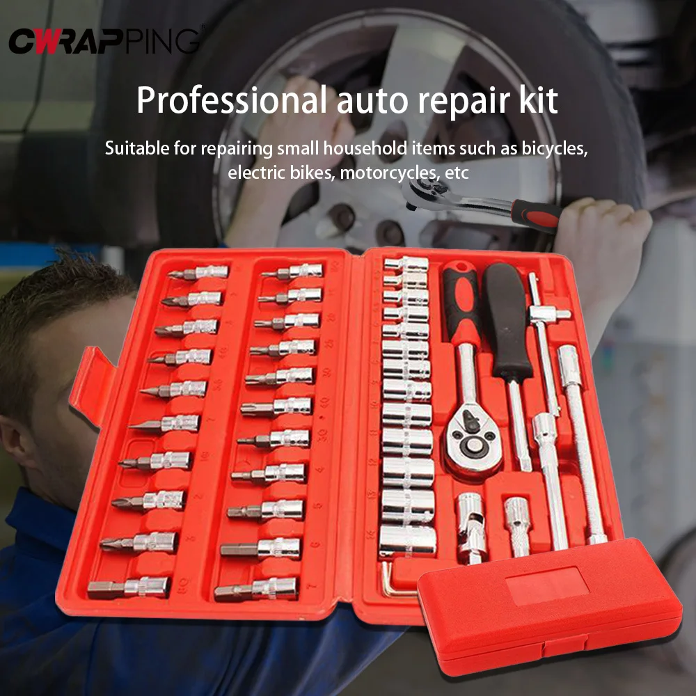 

46Pc Drive Socket Set 1/4 Inch Ratchet Wrench Set with Sockets Metric Hex Bit Socket Set Mechanic Tool Kits for Hous Auto Repair