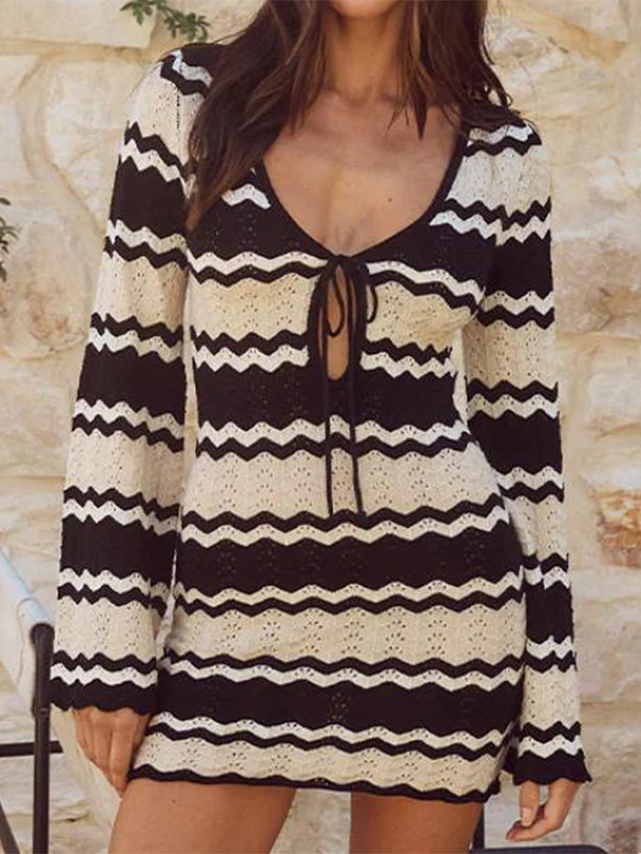 

Fashion Crochet Stripe Mini Dress Women Flare Sleeve V-neck Sexy Long Dresses 2024 New Autumn Beach Vestidos