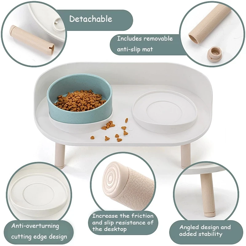 Cat Double Bowl Safety with Wood Stand and Silicone Mat Kitten Puppy Food Water Feeding Elevated Dish Dog Supplies Spill-Proof