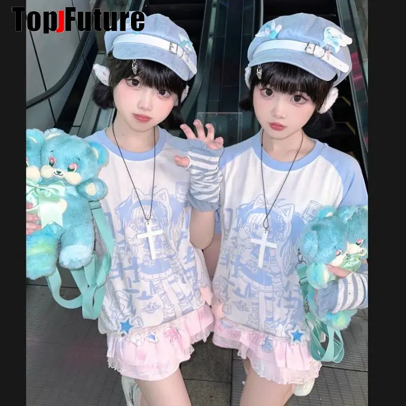 Y2K topi Harajuku anak perempuan, tutup kepala subbudaya biru Gotik LolitaAqua, telinga malaikat oktagonal