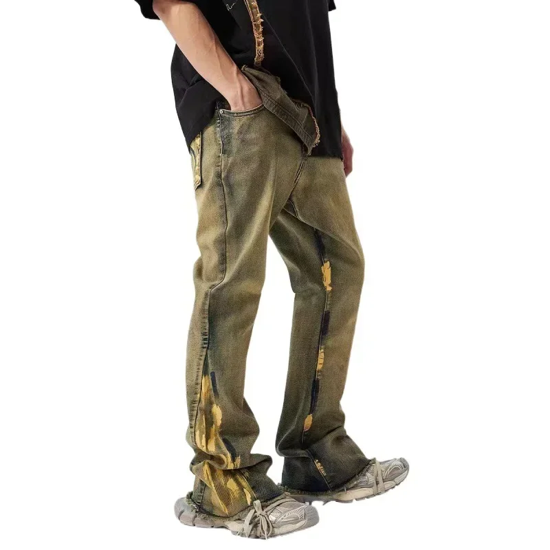 

European and American Retro Flared Jeans for Men Washed and Distressed High Street Slim Straight-leg Pants for Autumn and Winter