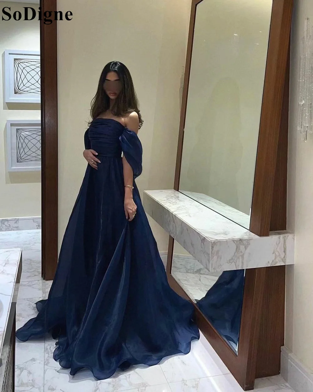 SoDigne Elegant Navy Blue Satin Evening Gowns Pleated Off Shoulder Draped Simple Formal Events Prom Dress for Women Custom Size