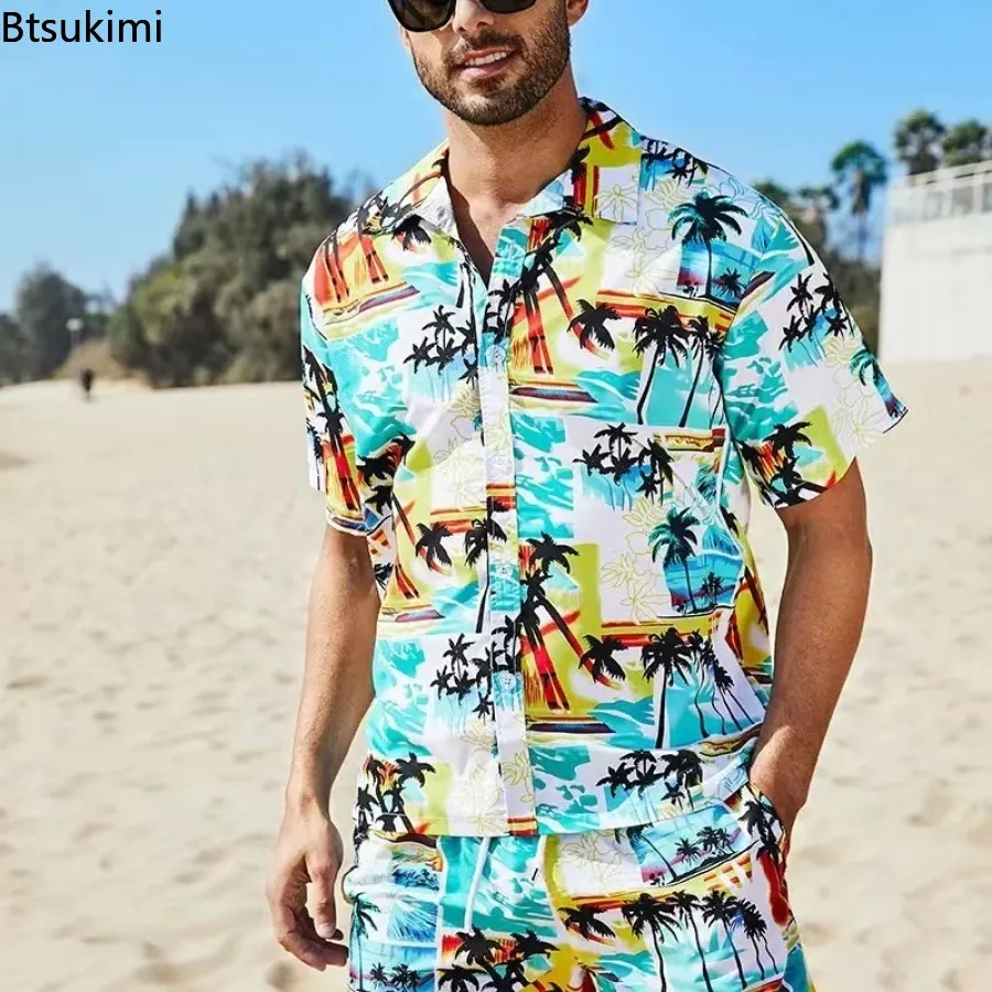 

2024 New Hawaii Style Men Clothing Trend Printed Men's Short Sleeve Shirt and Shorts 2 Pieces Sets Men Casual Holiday Beach Suit