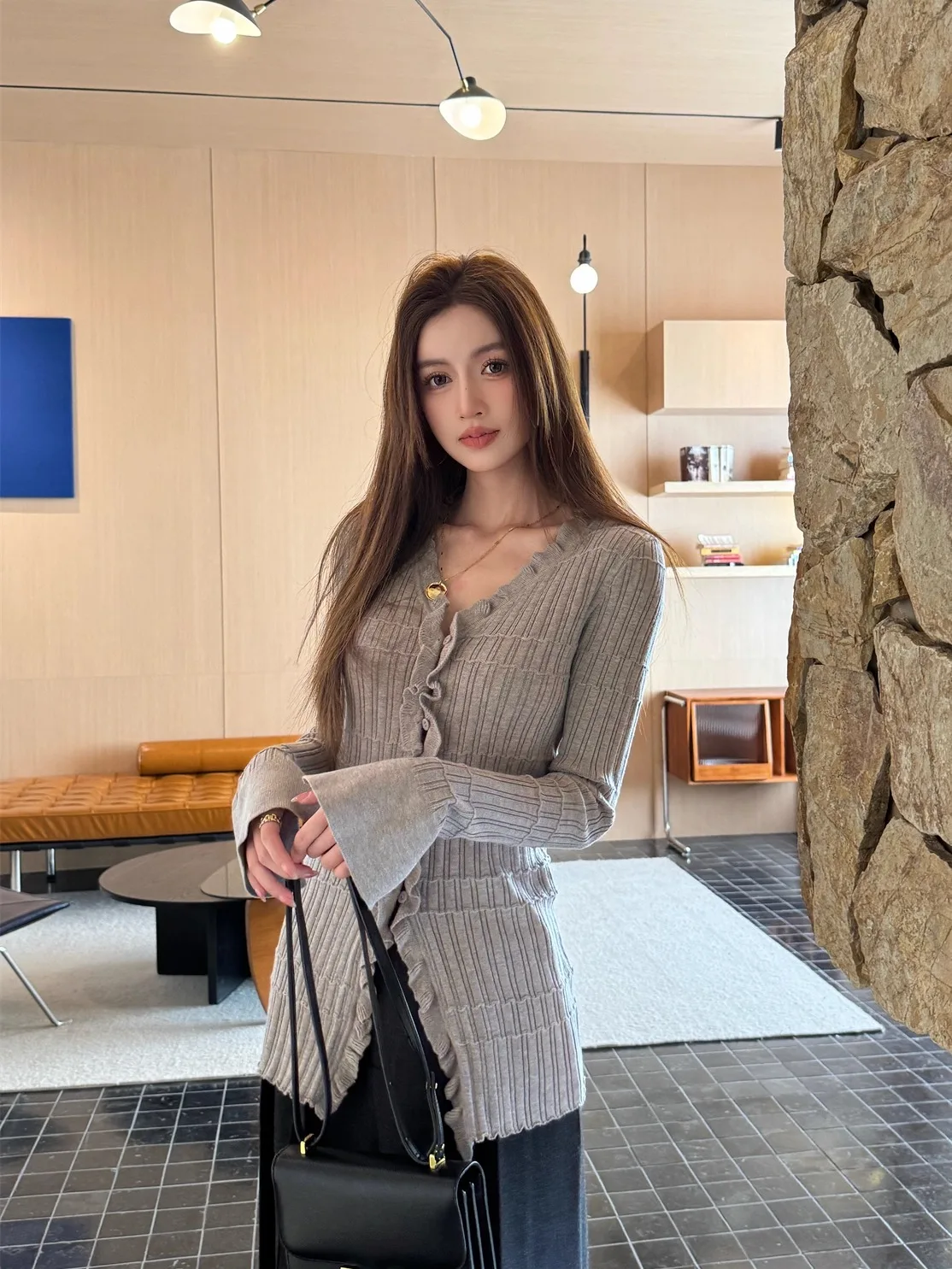 Soft Korean Sle Women's Long Sve V-Ne Knitted Cardigan Slim Fit Casual Faion Breathable Comfortable Wood ain