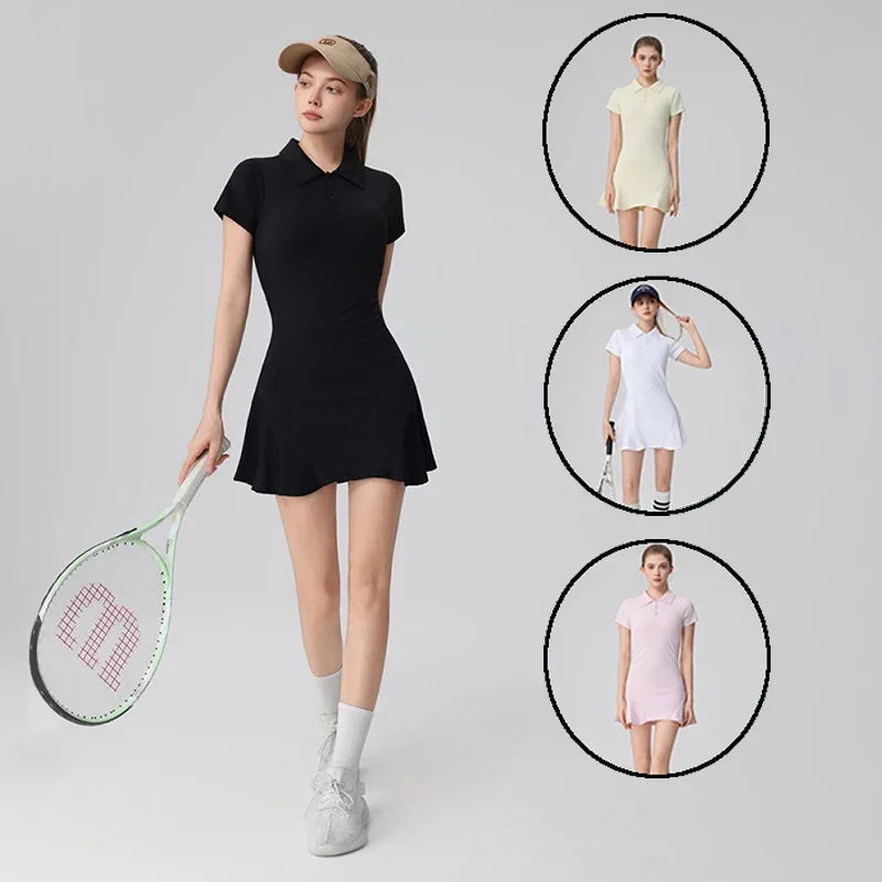 

Fashion Polo Neck Tennis Dress for Women Short Sleeve Slim Golf Dress Built in Bra Lady Ruffle Badminton Skirts with Inner Short