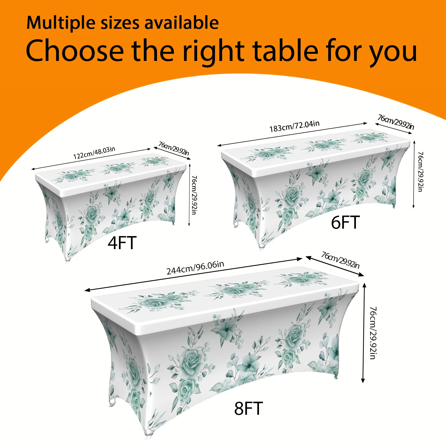 1PC Summer Outdoor Elastic Tablecloth, Teal Rose Floral Printed Stretchable Table Cover, 4/6/8FT Rectangular,