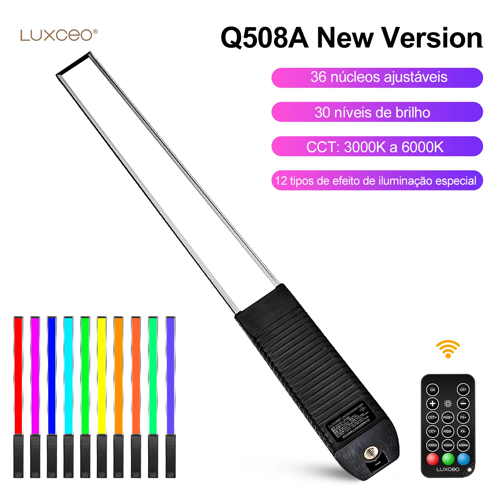 LUXCEO Q508A RGB Luz de vídeo portátil LED Varinha de iluminação fotográfica 1000 lúmens CRI 95+ 3000K-6000K Lâmpada de controle remoto com bolsa de transporte, sabre de luz portátil de 36 cores
