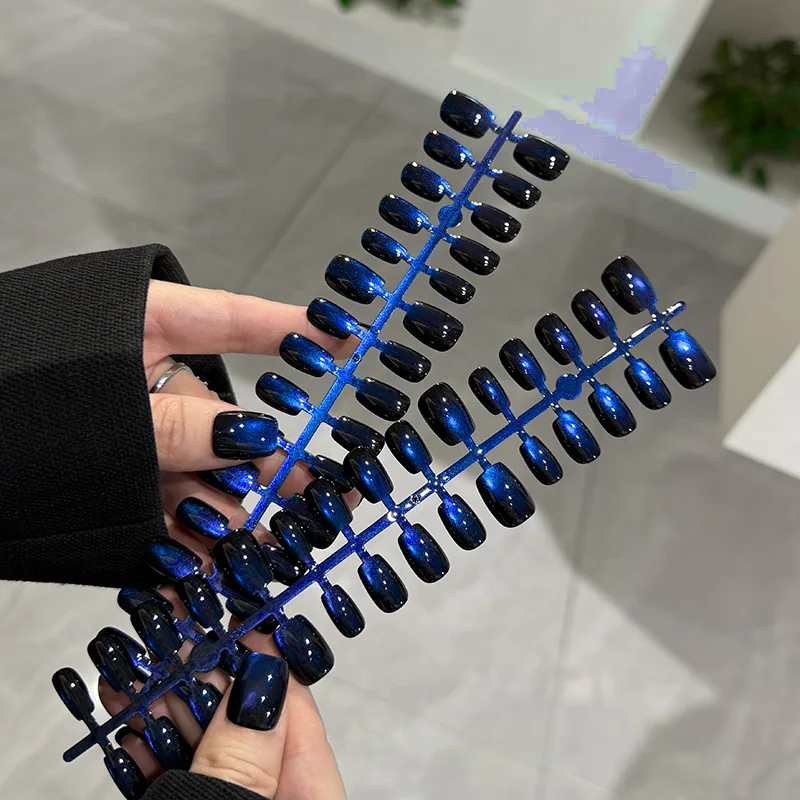 30Pcs Aurora Blue/Red Cat Eye's Short Square Fake Nails Press on Nail Halloween&Christmas Nail Tips Full Cover Acrylic Blue Tips