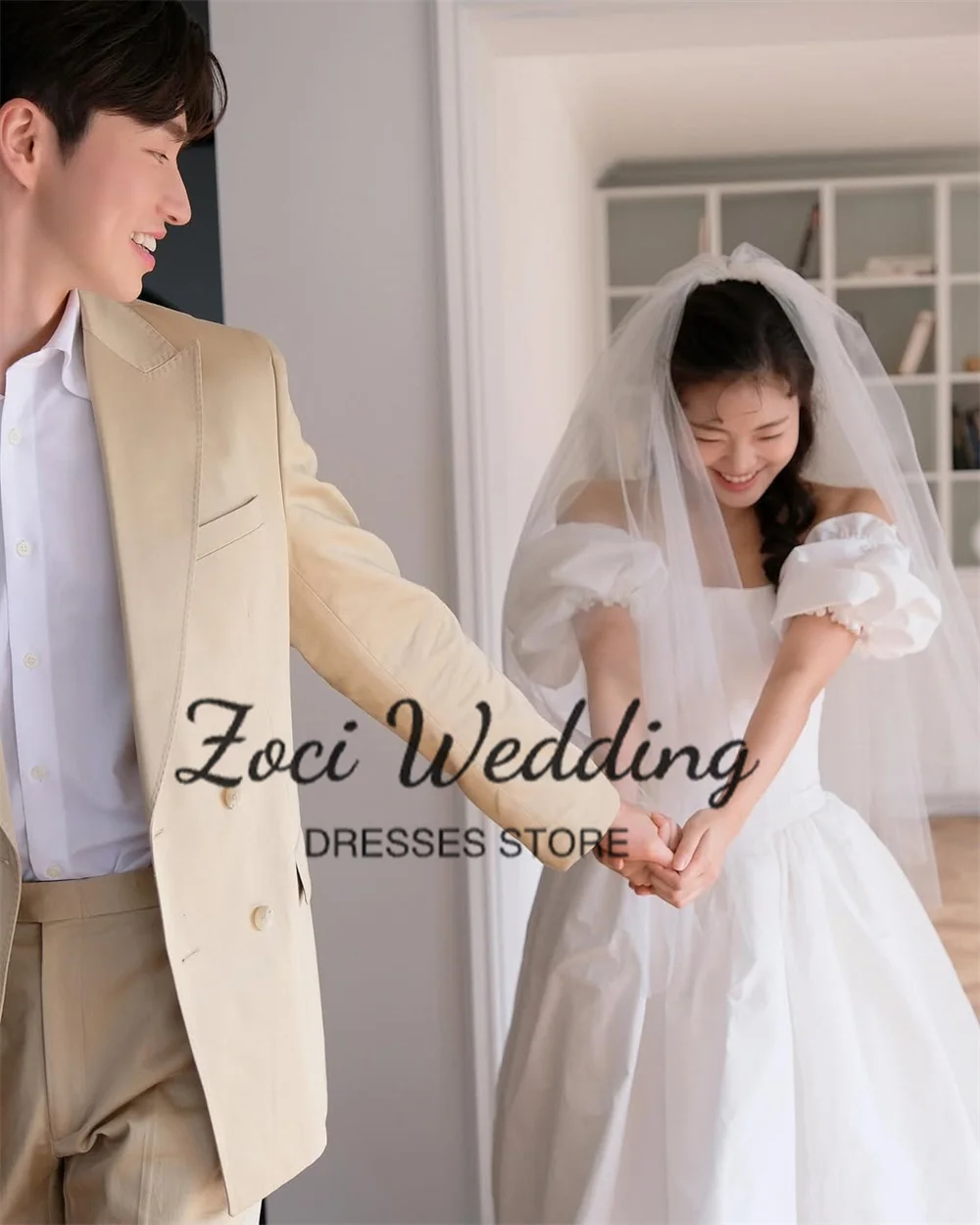 Zoci Elegant Off Shoulder Korea Wedding Dresses Taffeta Short Sleeve Bride Gowns Photos Shoot Customized Corset Bridal Dress