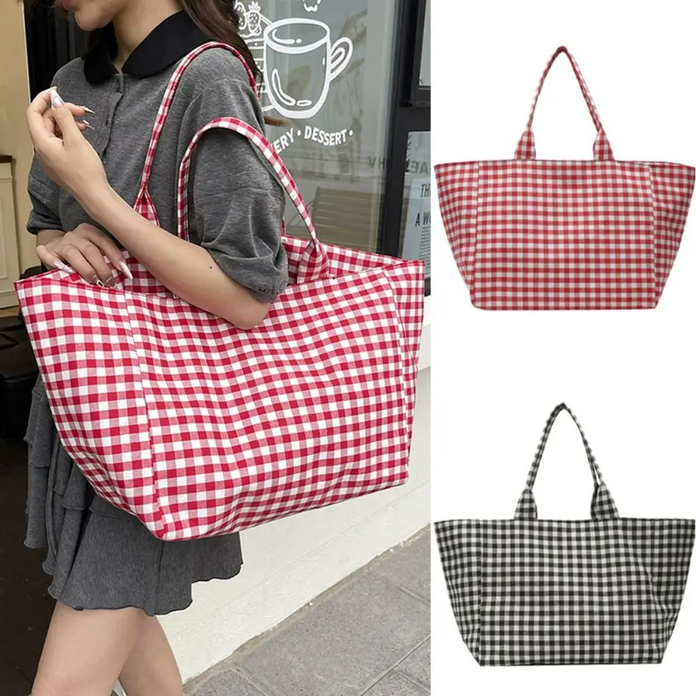 

Sweet Korean Style Red Plaid Shoulder Bag Grid Black Lattice Tote Bag Cute Handbag Canvas Bag Shopping