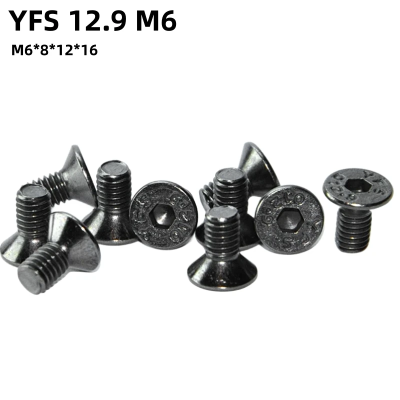 

100PCS YFS M6 Countersunk Head Socket Head Screw M6*8*12*16mm Grade12.9 Black Nickel Plating Anti-Rust Screws