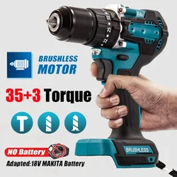 Electric Hammer Impact Drill Brushless 35+3 Torque Cordless 13mm Chuck Rechargeable For Makita 18V Battery Power Tools