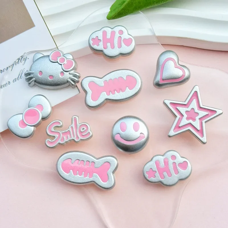 5pcs Silver Pink Hellokitty Acrylic Flatback DIY Accessories Bow Small Fish Mobile Phone Case Resin Charms Accessories Material