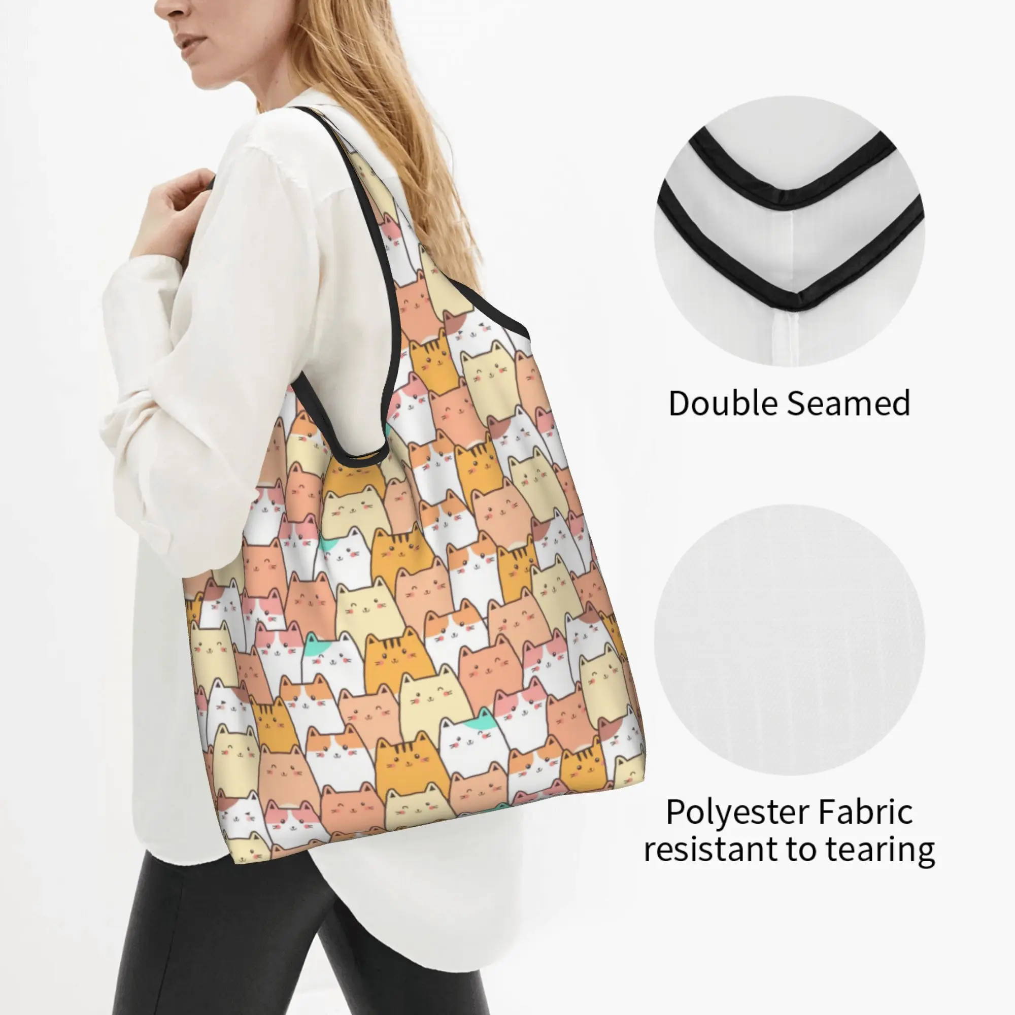 Cute Creative Cat  Groceries Shopping Bag Funny Shopper Tote Shoulder Bags Big Capacity Portable  Handbag