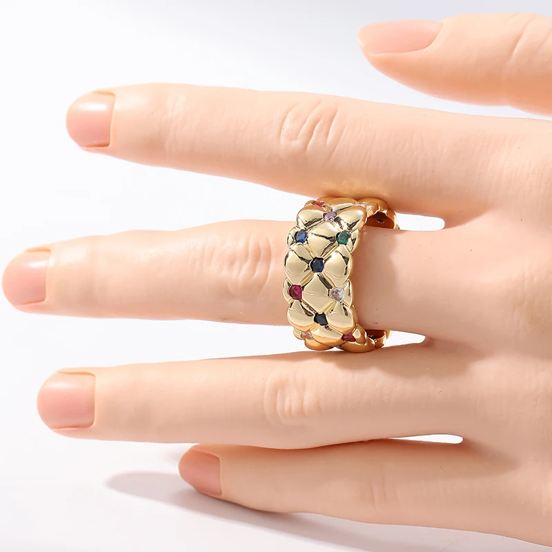 Wunderschöner Eingelegter Mehrfarbiger CZ Damenring Trendiger Goldfarbener Handgravierter Ring für Tägliches Tragen Partyschmuck Jubiläumsgeschenk – Detail 4