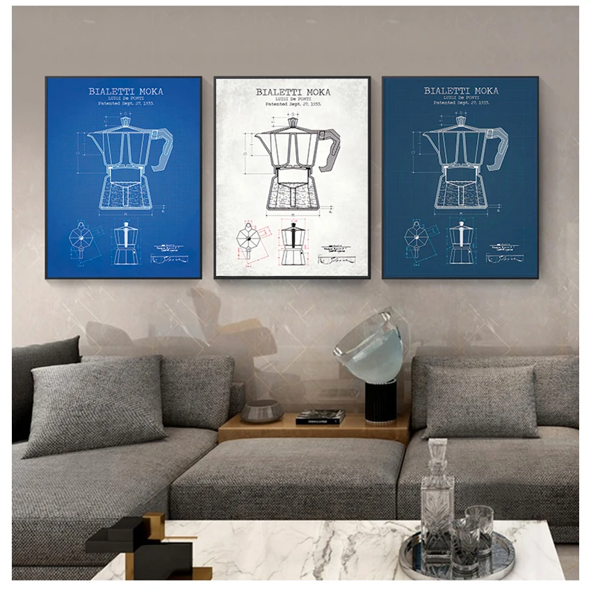 Картина на холсте, картина на кухню, Настенный декор, кофейник, патентные постеры и принты, Bialetti Moka, плакат на кофе