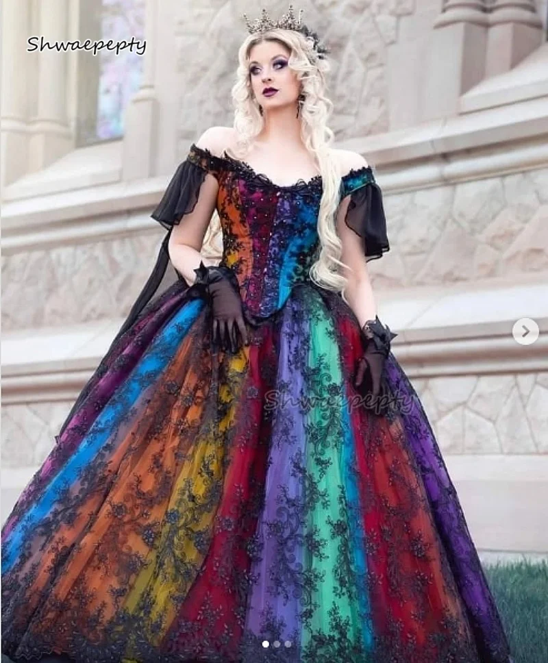 Gothic Rainbow Wedding Dress Black Lace Vintage Victorian Bridal Gown Off Shoulder Princess Prom Masquerade Dress Customized