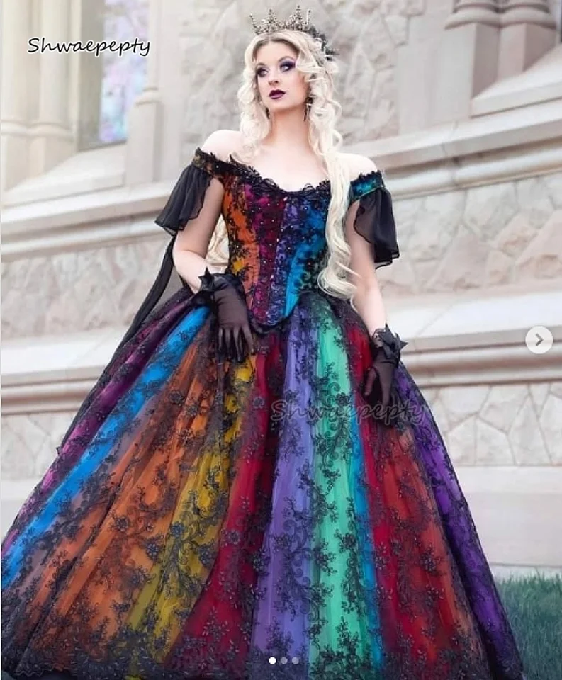 rainbow formal dress Gothic Wedding Black Lace Vintage Victorian Bridal Gown Off Shoulder Princess Prom Masquerade Dress Customized HL24
