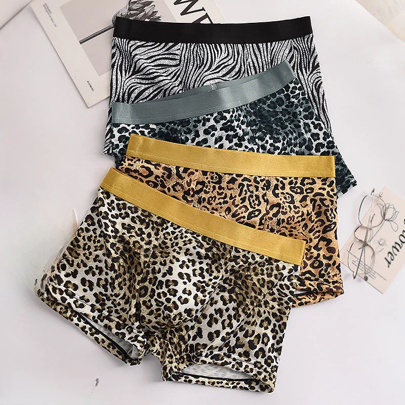 Ice Silk Men's Underwear Four Corners Sexy Leopard Print No Trace Low Waist Shorts Breathable Boys Fashion Personality  Pants