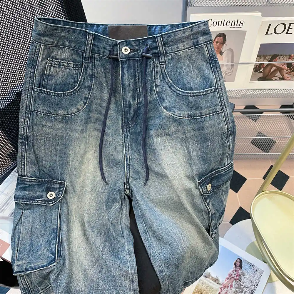 American Retro Multi Pocket Denim Shorts Summer High Waist Drawstring Loose Seven Inch knee Length Jeans Straight Wide Leg Pants