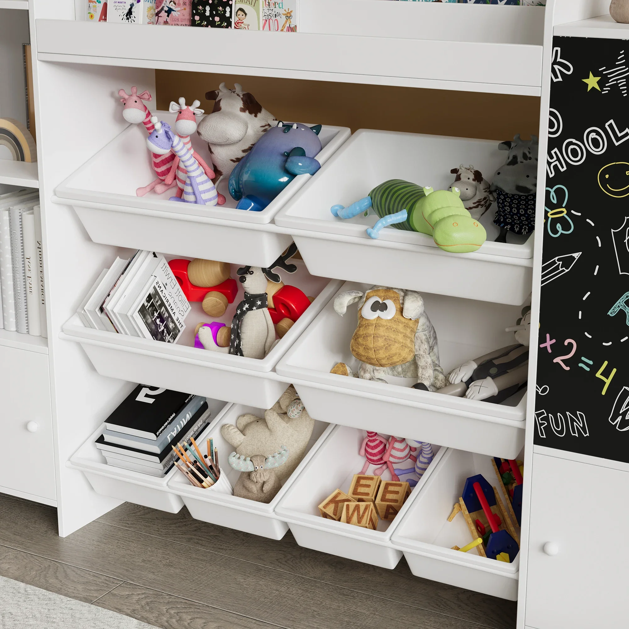 Rosahqnda Kinderbücherregal، Aufbewahrungsregal fazer Spielzeug und Bücher، mit 8 Boxen، mit Tafel، 137 × 30 × 94,5 سم