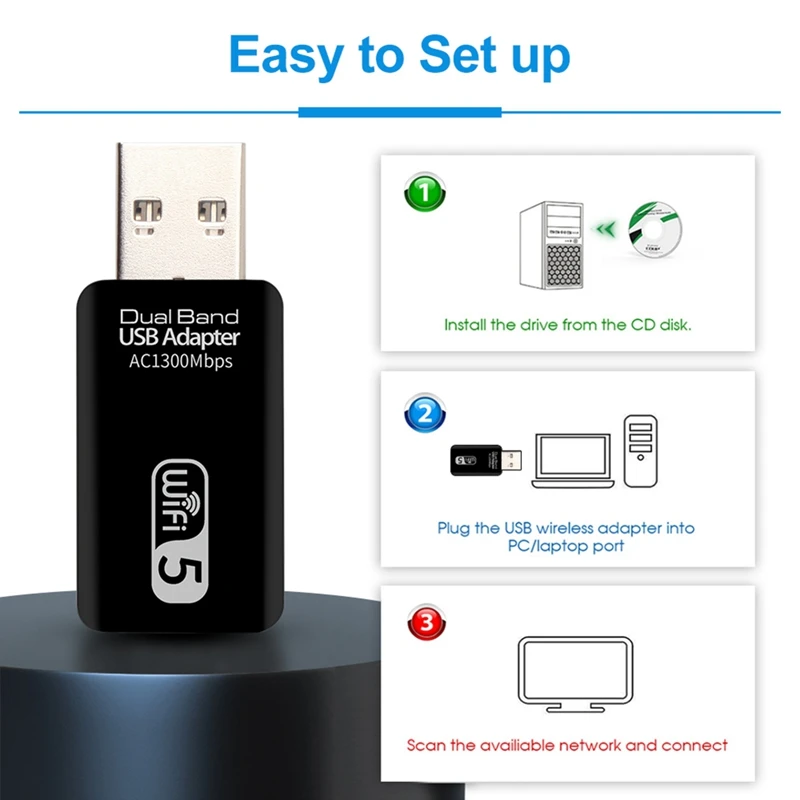 Adaptador USB Wifi, 5Ghz, Ac1300mbps, Banda Dupla, USB 3.0, Ethernet, 2.4G, Antena 5G WiFi