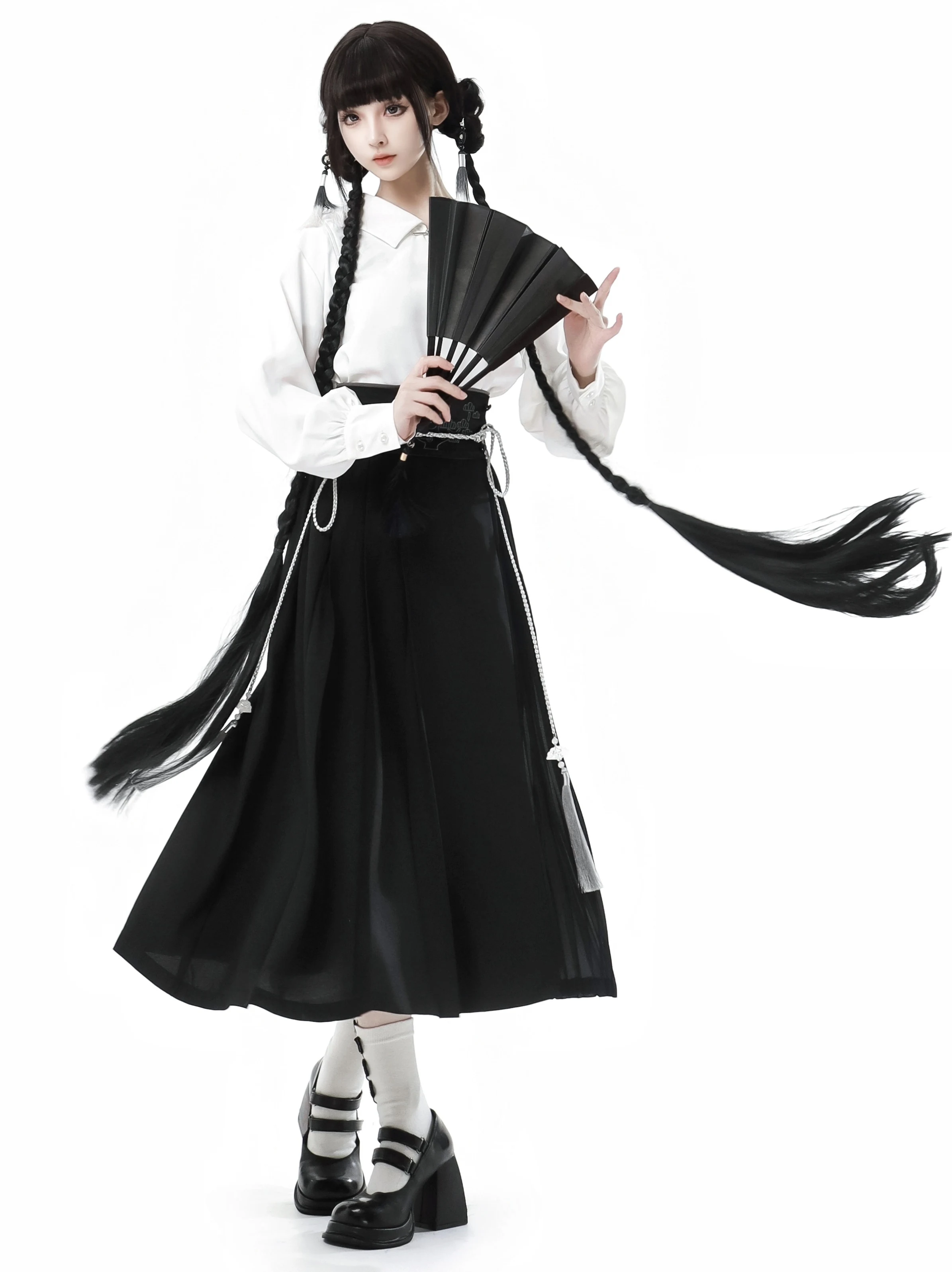 Chinese Style Retro Long Sleeve White Shirt Cardigan Tassel Belt Long Skirt New Autumn Woman Girls Cool Skirt Set Outfits