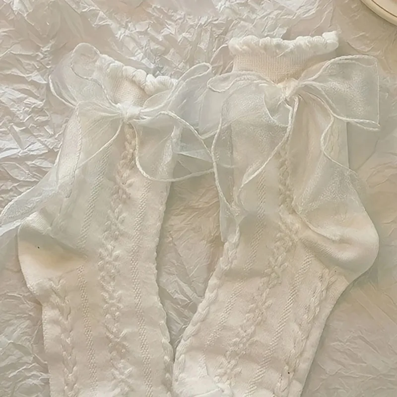 5/15 Pairs Lolita Socks White Bow Lace Socks Middle Tube Japanese College Style Princess Socks Sweet Streetwear Hosiery