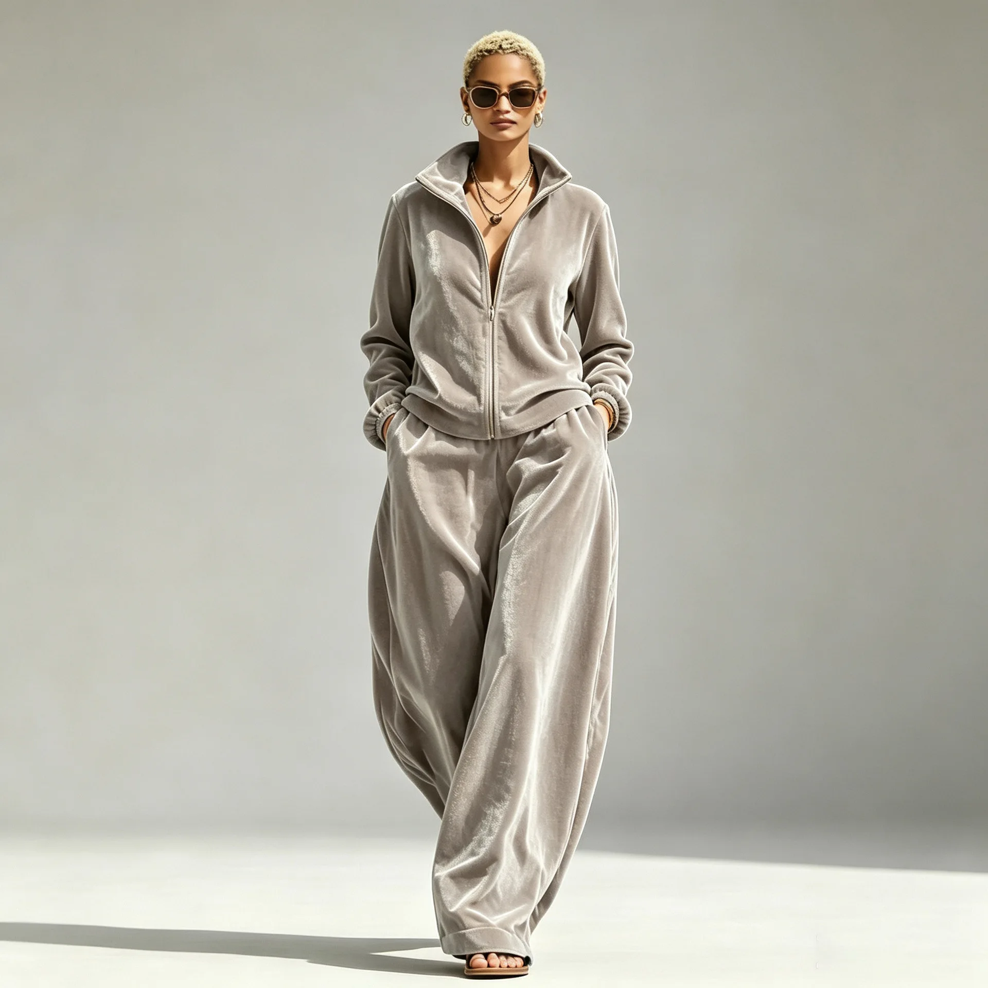 Autumn and Winter New Style Leisure Stand-up Collar Velvet Loose Long Pants Women's Two-piece Set