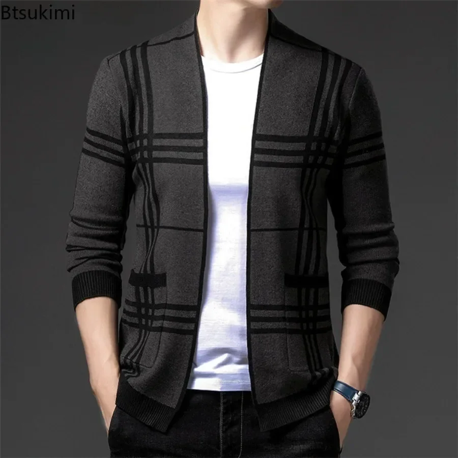 

2024 Men's Fashion Knitted Cardigan Jacket Korean Style Striped Slim Fit Sweater Coats Simple Men's Casual Clothing Blazer Tops