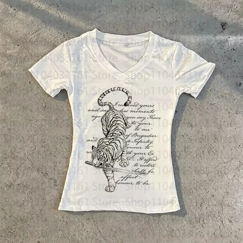 Women's Vintage Tiger Ink Painting Print T-shirt Harajuku Chinese Style Short Sleeve Casual Streetwear Round-neck Slim Tee Tops